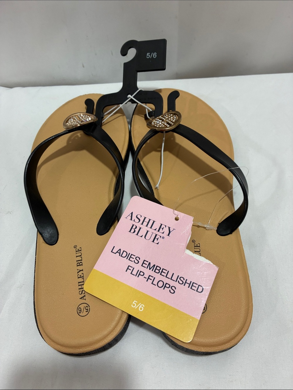 Ashley Blue Tan Footbed Flip-Flops with Black Straps and Gold Accent NWT